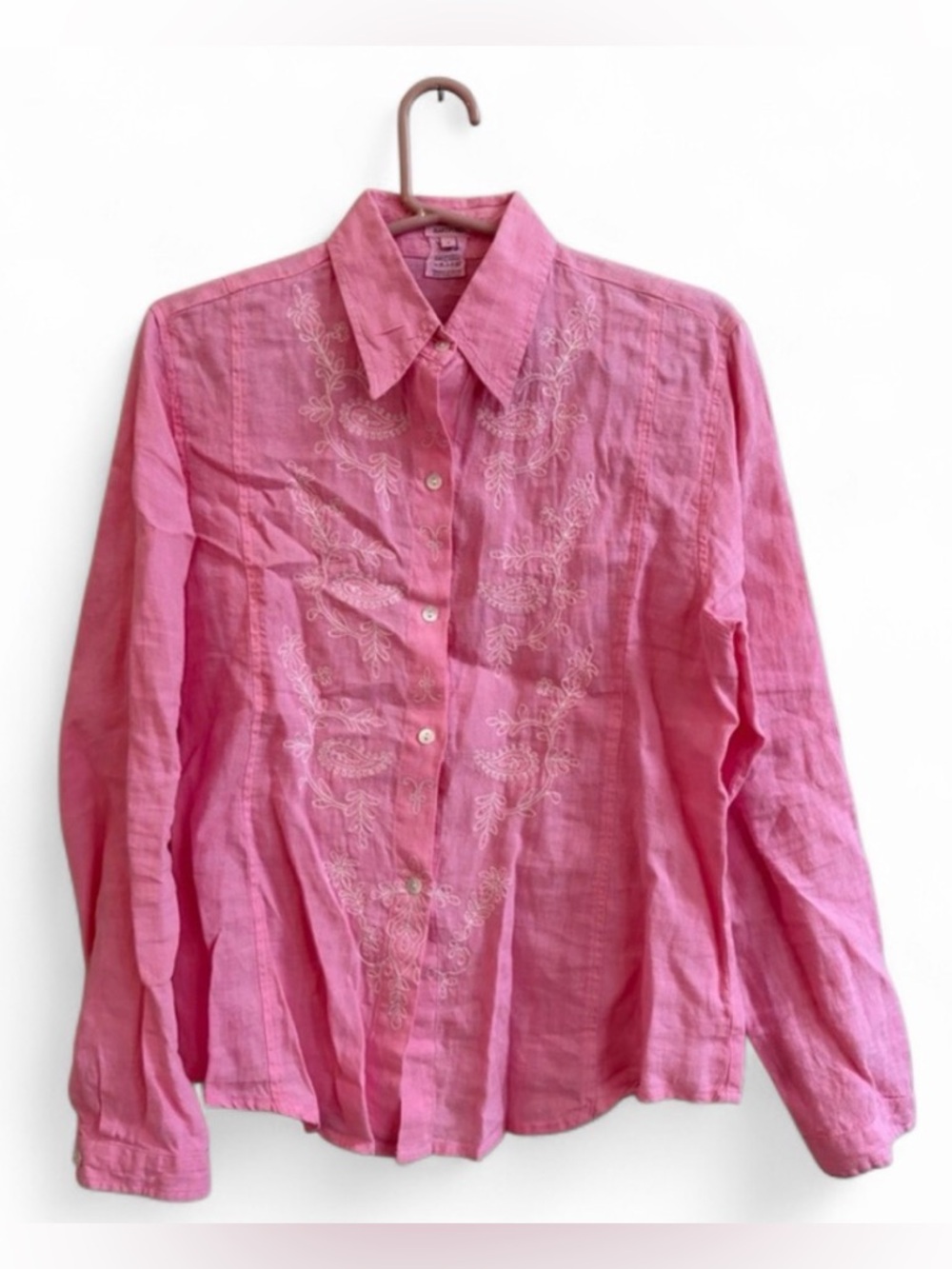 Hartford Pink Paisley Embroidered Linen Long Sleeve Western Button Up Shirt Top